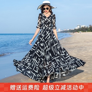 連衣裙收腰顯瘦旅游度假長裙雪紡裙沙灘裙 大擺短袖 2025年夏季 新款