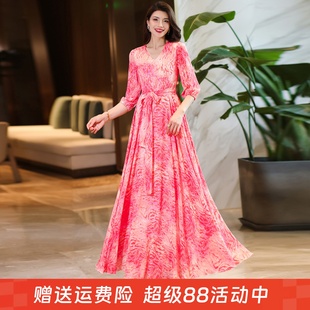沙灘裙2025年夏秋新款 女士大擺V領印花連衣裙收腰顯瘦長裙雪紡裙