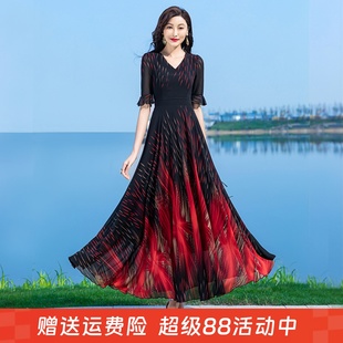 長(zhǎng)裙 顯瘦氣質(zhì)媽媽款 2025夏季 V領(lǐng)拉鏈高腰印花雪紡大擺連衣裙修身