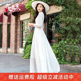 沙灘裙2025年春夏新款 雪紡大擺連衣裙收腰顯瘦旅游度假長裙雪紡裙