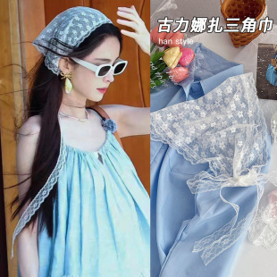 古力娜扎同款 田園風頭巾海邊度假風拍照發帶女 蕾絲碎花三角巾法式