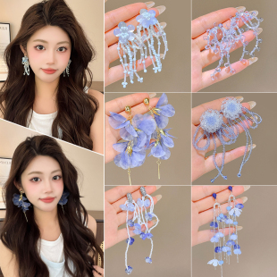 海邊度假風花朵流蘇耳環女氛圍感仙氣藍色耳釘2025新款 高級感耳飾