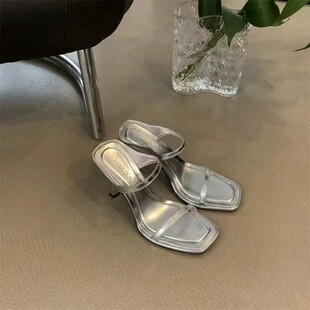 女外穿銀色方頭露趾一字帶細(xì)跟涼拖 性感高跟涼鞋 2025夏季 網(wǎng)紅新款