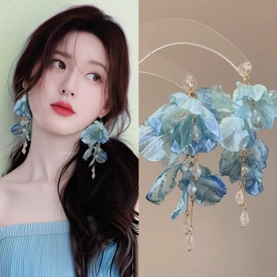 趙露思同款 海邊度假夸張絕美耳飾 夏日藍(lán)色花朵流蘇耳環(huán)女2025新款