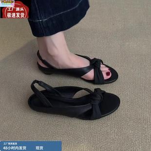 女 簡約氣質百搭一字涼鞋 羊皮版 復古露趾圓頭交叉帶坡跟羅馬涼鞋