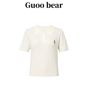 修身 Guoobear古家小熊專柜正品 女2025新款 針織衫 顯瘦翻領T恤 短袖