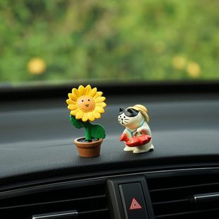 向日葵澆花貓咪迷你盆栽車載擺件汽車內小飾品公仔裝 飾解壓創意