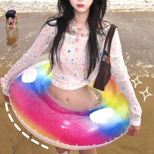 新款 彩虹游泳圈ins風(fēng)游泳可愛(ài)彩色游泳圈帶把手海邊度假沙灘