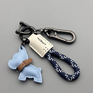 卡通可愛法斗犬小狗鑰匙扣掛件汽車鑰匙鏈圈皮革手工編織繩包掛飾