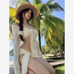 絕美沙灘泳衣女純欲風比基尼甜心辣妹分體小胸顯瘦長袖 遮肉高級感