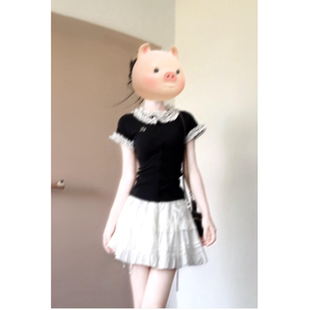 學生套裝 韓系波點木耳花邊短袖 掐腰小眾短款 學院風修身 T恤女夏季