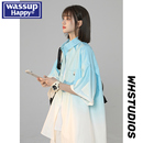 夏季 wassup 男士 襯衫 oversize寬松百搭上衣服 happy日系漸變色短袖