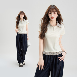 撞色修身 新款 短上衣 t恤女2025夏季 學(xué)院風(fēng)甜美polo領(lǐng)花邊拼接短袖