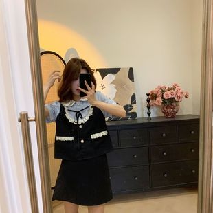 2024新款 法式 女夏季 上衣短裙套裝 復古設計感花邊拼接日常通勤短袖