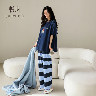 圓領家居服套頭休閑寬松條紋套裝 悅內(nèi)睡衣女夏季 長褲 純棉短袖 夏款