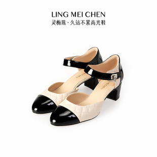 粗跟單鞋 LINGMEICHEN黑白拼色小香風(fēng)瑪麗珍高跟鞋 新款 夏季 女 涼鞋