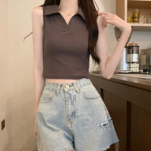 甜辣風(fēng)高腰露臍修身 ins韓版 咖色上衣潮 背心女夏季 polo領(lǐng)百搭無袖