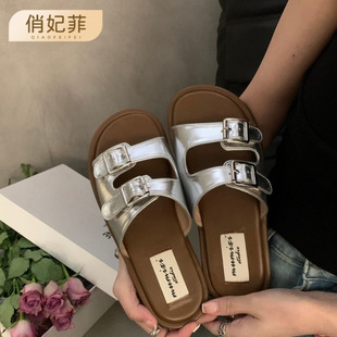 復古仙女風軟底沙灘海邊涼拖 外穿2025年新款 平底皮帶扣拖鞋 女夏季