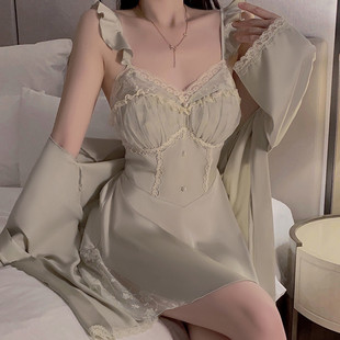 現貨性感睡衣女2024新款 冰絲吊帶睡裙帶胸墊純欲風蕾絲花邊 夏秋季