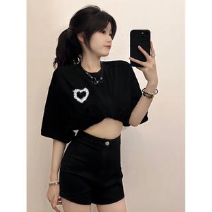 國潮ins2025新款 復(fù)古情侶半袖 黑色純棉短袖 寬松美式 t恤女夏季 新品