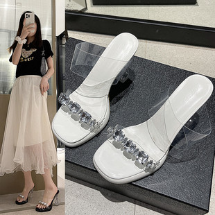 外穿透明水鉆厚底仙女風(fēng)性感水晶粗跟 2024新款 現(xiàn)貨高跟涼鞋 女夏季