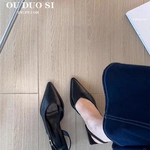 現貨復古簡約氣質尖頭包頭涼鞋 粗跟一腳蹬后絆帶單 女2025春夏新款
