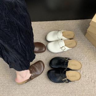 外穿穆勒鞋 厚底增高皮面勃肯鞋 復古包頭半拖鞋 法式 女2025春夏新款