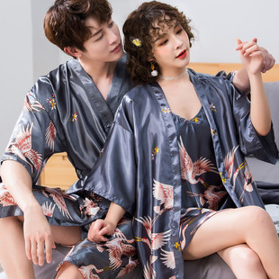 新品 家居服絲綢吊帶睡裙兩件套性感 情侶睡衣女春秋睡袍男冰絲薄款