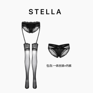 巴黎STELLA 黑色吊帶絲襪女性感睡裙蕾絲花邊吊襪帶薄款