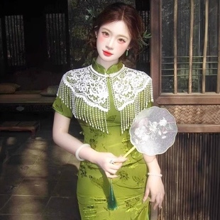 旗袍云肩新中式 珍珠流蘇披肩坎肩中國風漢服領子重工復古蕾絲配飾