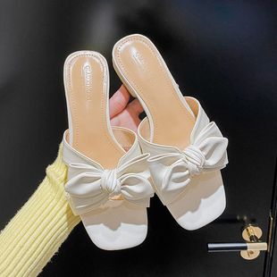 女鞋 2025年夏季 女涼拖外穿大碼 方頭蝴蝶結(jié)粗跟露趾拖鞋 41一43 新款