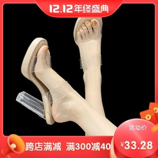 子女涼鞋 透明水晶粗跟涼拖鞋 2p024春夏季 爆款 外 新款 小個子高跟鞋