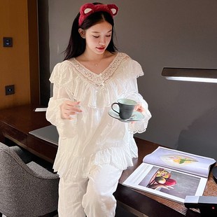 睡衣女春夏純棉紗布薄款 空調房精致蕾絲O花邊公主宮廷女家居 長袖