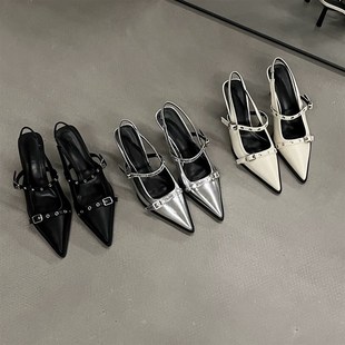 空露趾鉚釘時尚 尖頭高跟鉚E釘涼鞋 百搭辣妹 夏秋新款 2024高跟女鞋