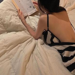 V領(lǐng)條紋睡衣女中長(zhǎng)款 睡裙女長(zhǎng)款 家居服浴袍 吊帶浴巾裙新款 春秋季