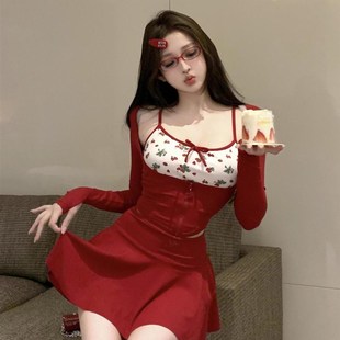 極速泳衣女分體學院風裙式 比x基尼三件套印花吊帶高腰遮肚顯瘦溫