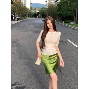 緊身收腰辣妹顯 正肩T恤女夏季 外貿出口清倉撿漏修身 白色圓領短袖