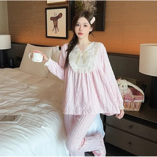 家居服 云朵棉甜美粉色可愛公主風花邊加肥加大碼 睡衣女春秋季 長袖