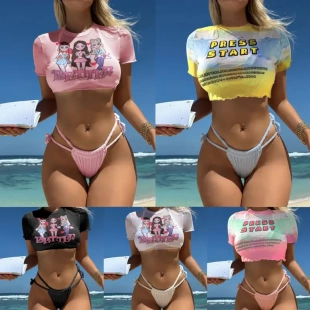 2025歐美新款 泳衣比基尼bikini9128 人像印花抽繩綁帶三件套泳裝