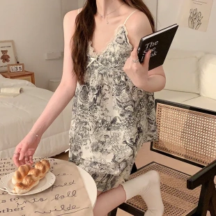 新款 蕾絲花邊夏季 睡衣女泡泡皺布棉性感家居服 帶胸墊吊帶套裝 爆款