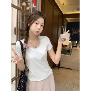 u領疊穿純欲內搭打底上衣 2025新款 甜美氣質蕾絲花邊短袖 T恤女夏季