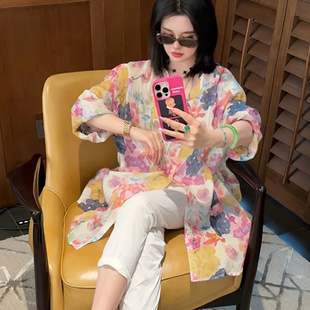 大碼 小衫 休閑襯衣外套設計感上衣 女夏季 復古氣質碎花防曬亞麻襯衫