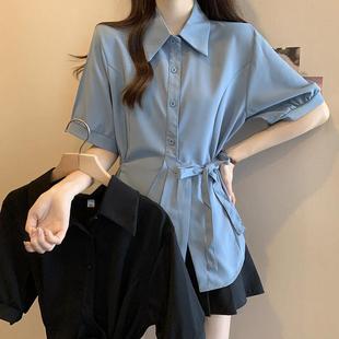 胖mm2025夏季 法式 新款 襯衫 簡約風別致雪紡上衣女 收腰顯瘦短袖 大碼