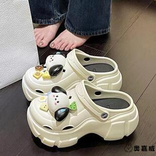 女款 網紅黑色涼鞋 2025新款 女夏外穿豆豆鞋 可愛小狗拖鞋 增高洞洞鞋