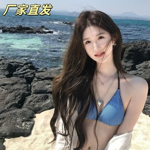 藍色條紋海邊度假風比基尼女款 性感暴露小胸聚攏內衣 溫泉韓系泳裝
