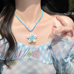 海風寄語 海邊度假風貝殼花朵藍色串珠項鏈女夏天甜美鎖骨鏈配飾