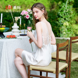 美標(biāo)涼感真絲吊帶睡裙女夏100%桑蠶絲綢睡衣蕾絲純欲風(fēng)性感家居服