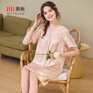 美標6A級真絲短袖 絲綢睡裙100%桑蠶絲性感蕾絲家居服 睡衣女春夏季