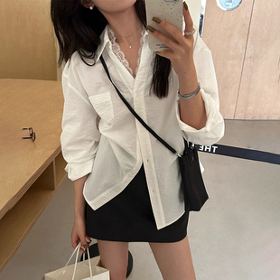 薄款 超好看V領(lǐng)白襯衫 蕾絲花邊襯衣長袖 夏季 防曬衣外套 女2025新款