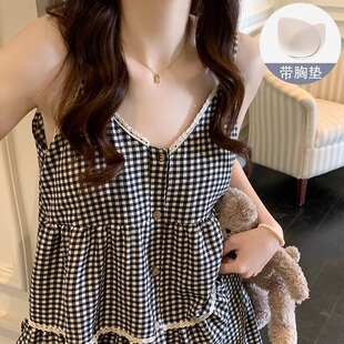 帶胸墊性感少女家居服兩件套裝 2025新款 夏季 格子花邊吊帶睡衣女款